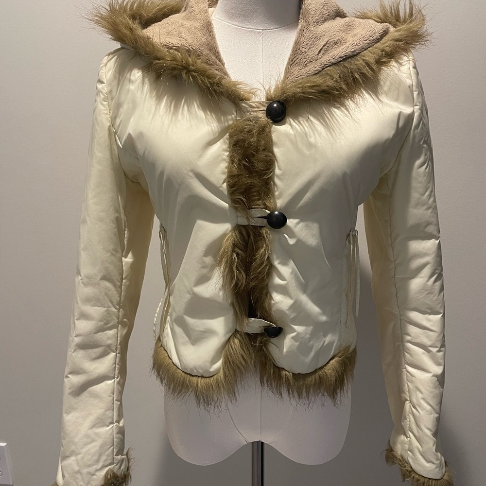 Women's Cream Faux Fur Trim Jacket